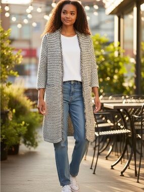 Chico's Two-Tone Black, Cream, Gold Open-Front Long Cardigan